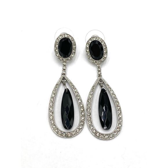 Monet Earrings Dangles Drops Silver Tone Black Rhinestones Pierced - Picture 2 of 10